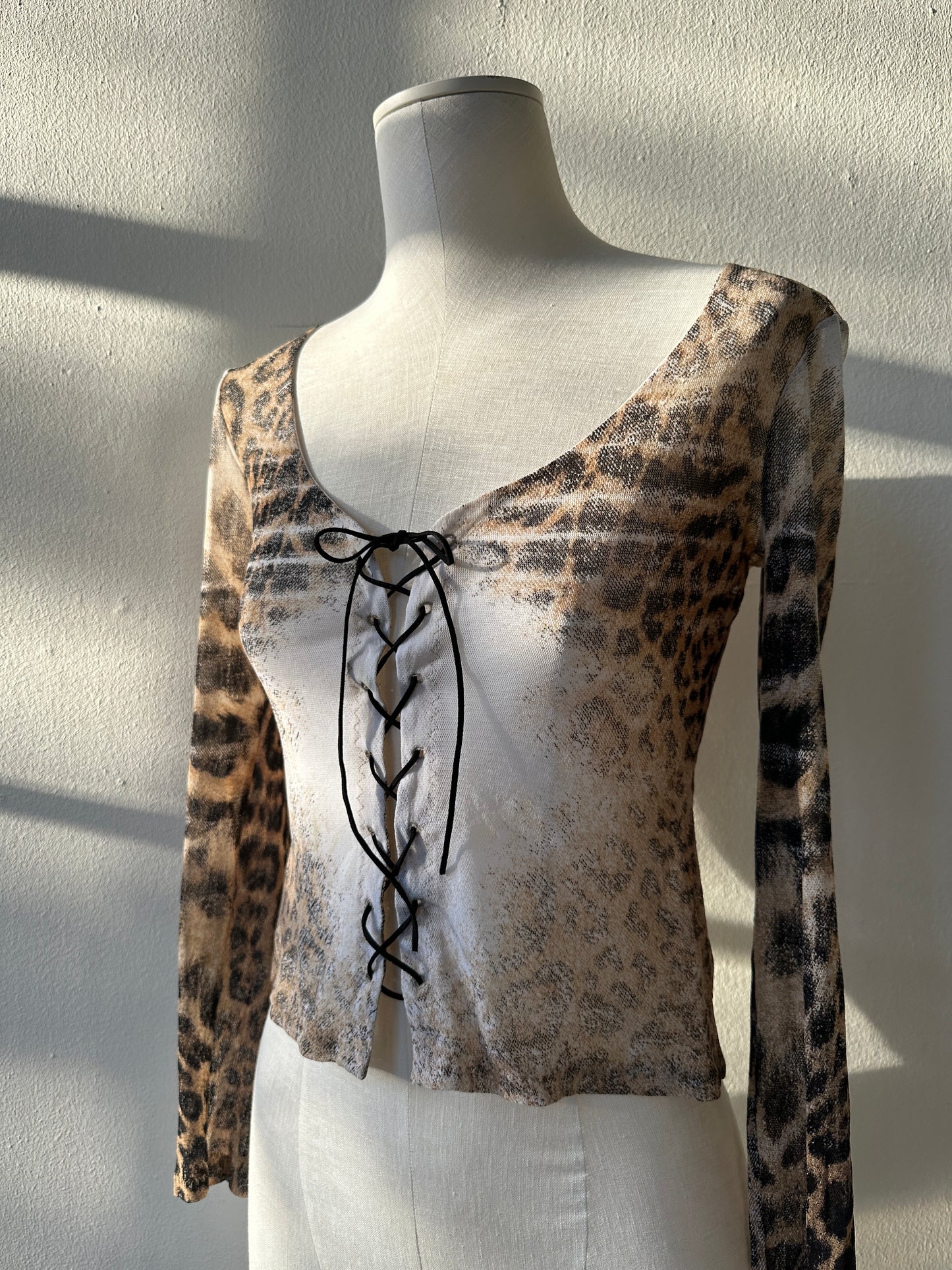 Roberto Cavalli S/S 2002 Mesh Lace up Leopard Print Top in size S