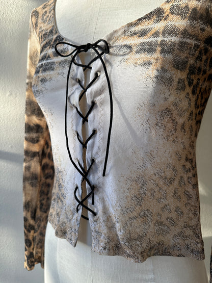 Roberto Cavalli S/S 2002 Mesh Lace up Leopard Print Top in size S