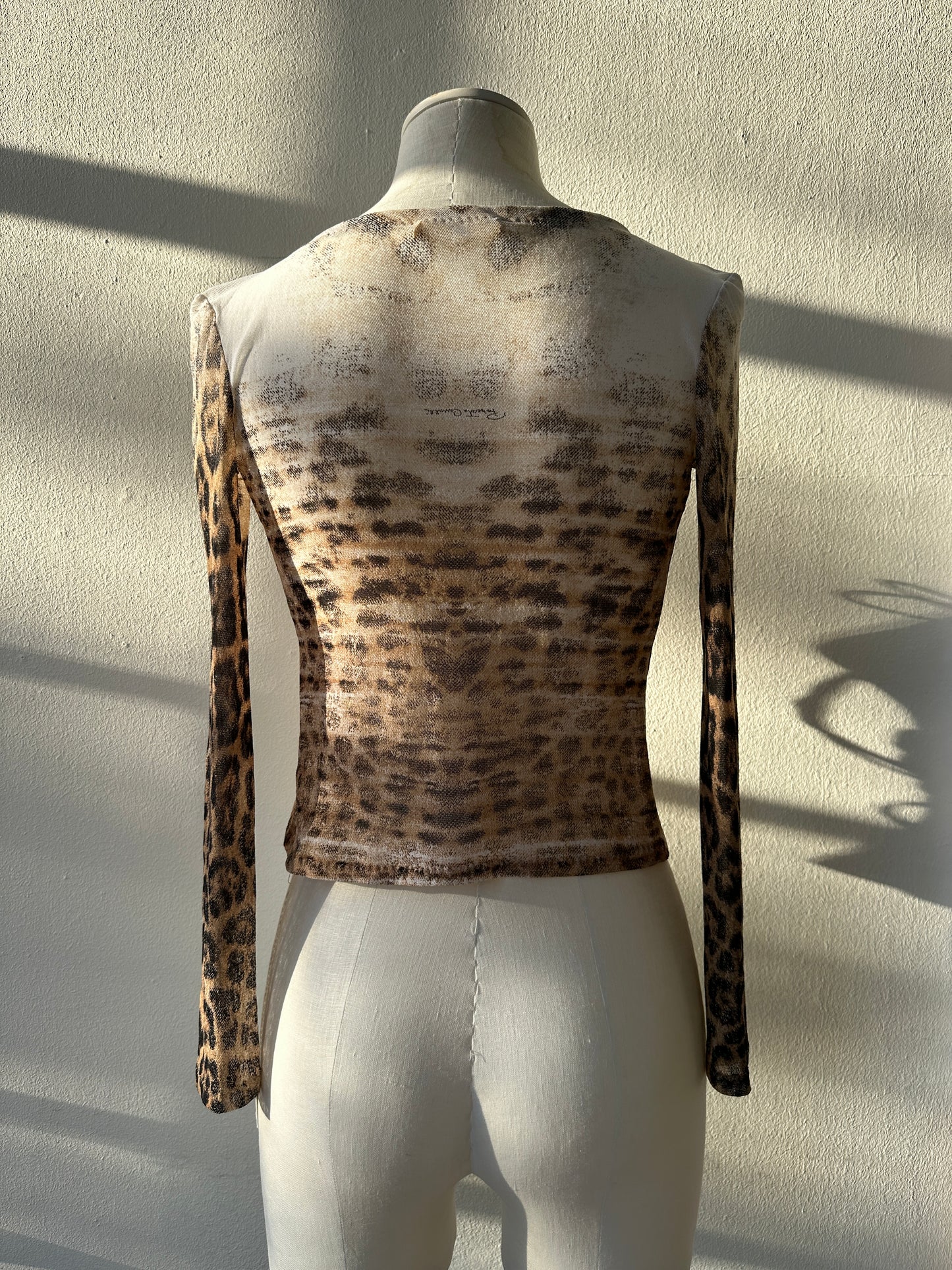 Roberto Cavalli S/S 2002 Mesh Lace up Leopard Print Top in size S