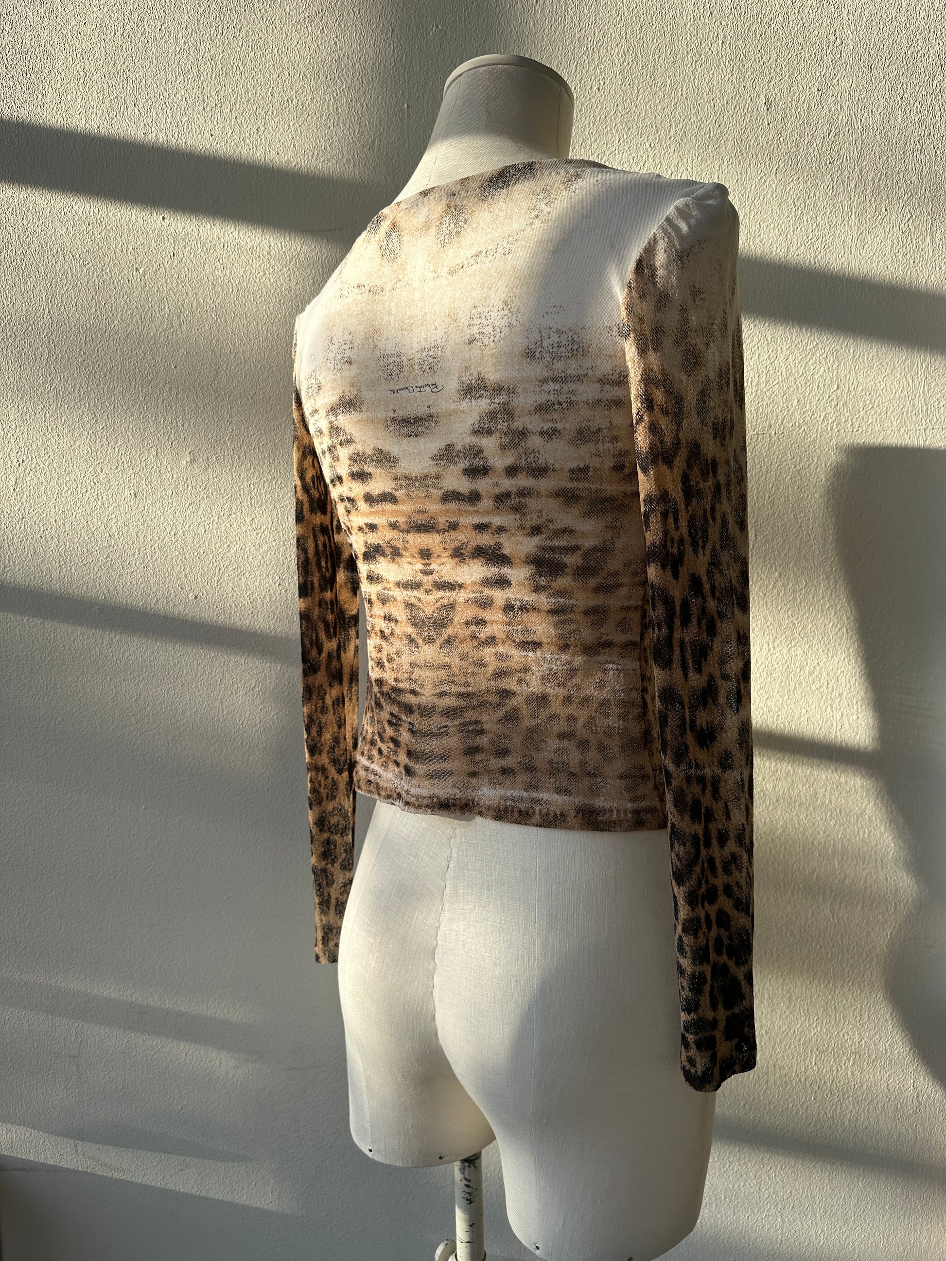 Roberto Cavalli S/S 2002 Mesh Lace up Leopard Print Top in size S