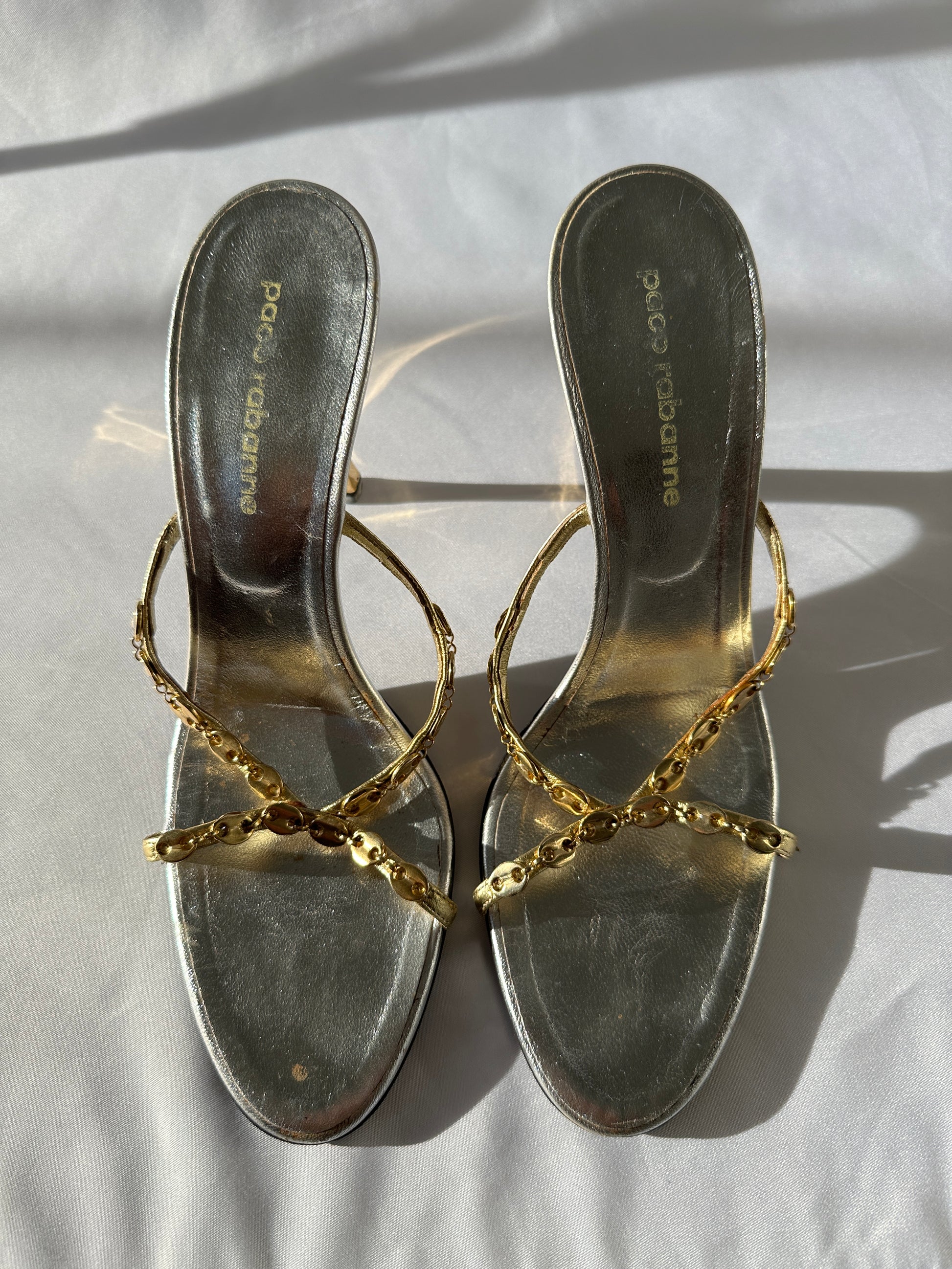 Paco Rabanne Chain Link Heeled Mules in Gold and Silver