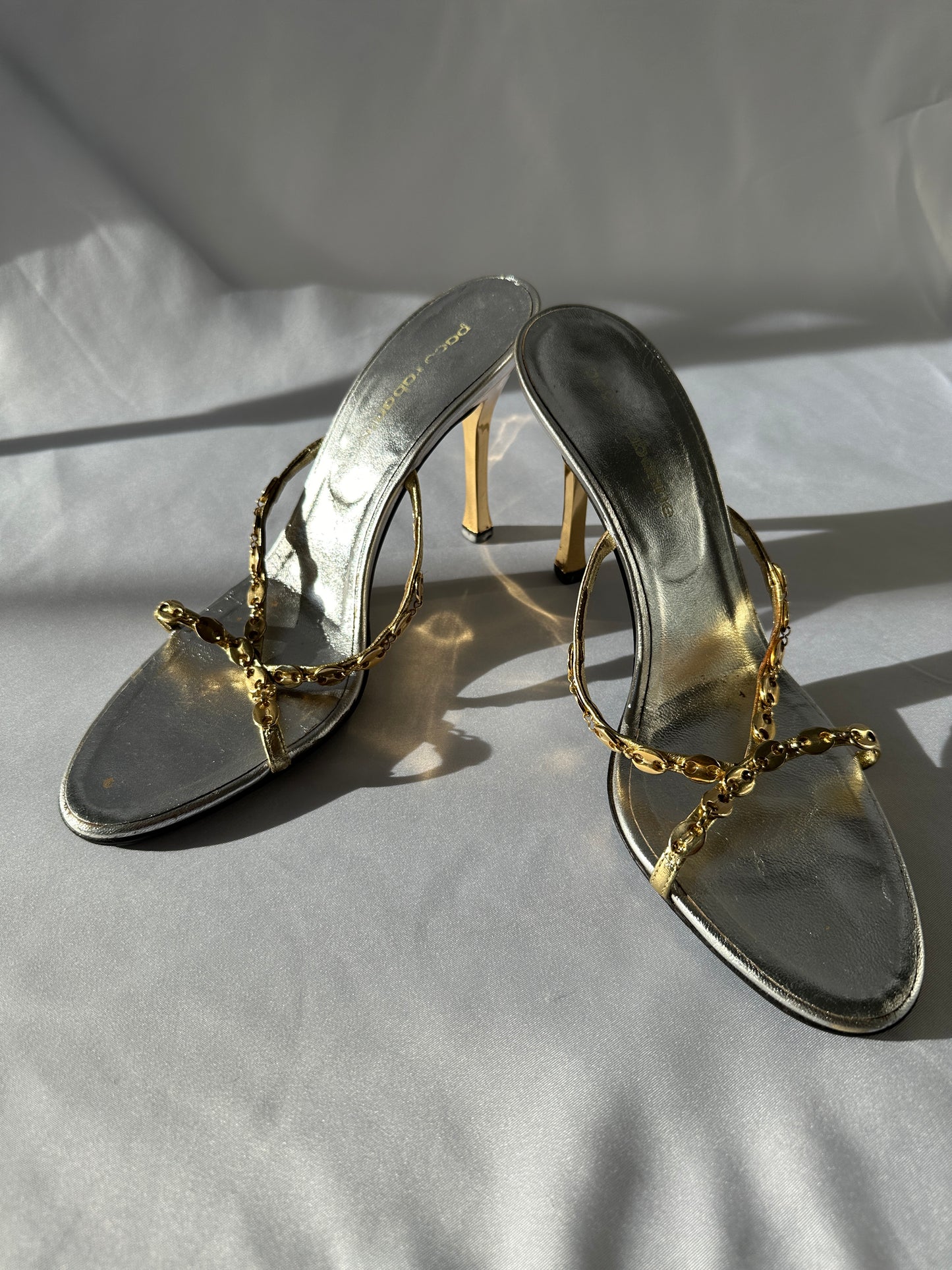 Paco Rabanne Chain Link Heeled Mules in Gold and Silver