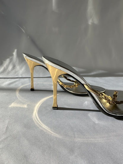 Paco Rabanne Chain Link Heeled Mules in Gold and Silver