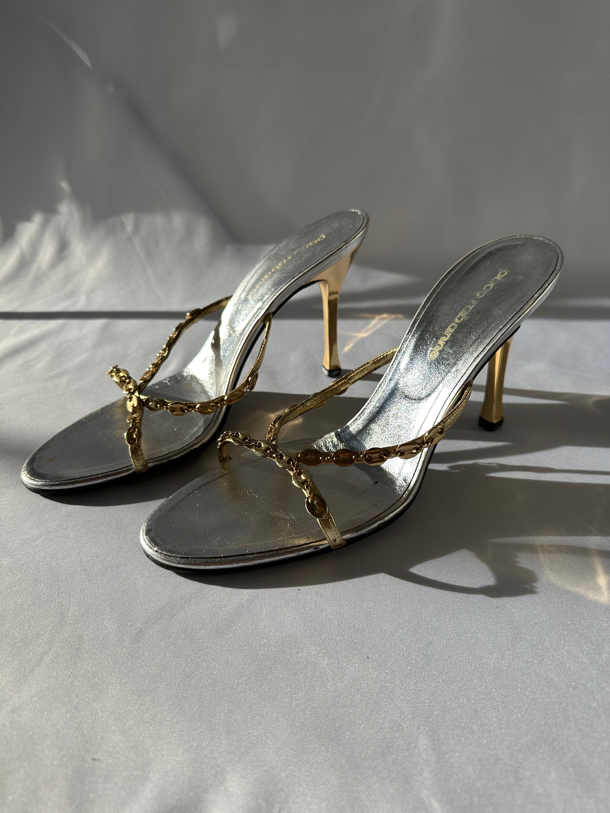 Paco Rabanne Chain Link Heeled Mules in Gold and Silver