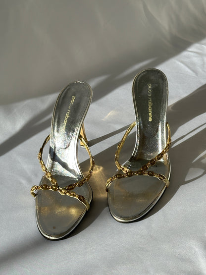 Paco Rabanne Chain Link Heeled Mules in Gold and Silver