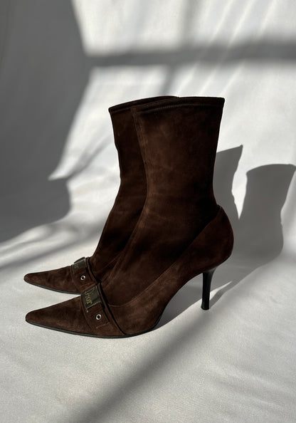 Christian Dior by Galliano 00's Chocolate Brown Suede Leather Pointy Boots.