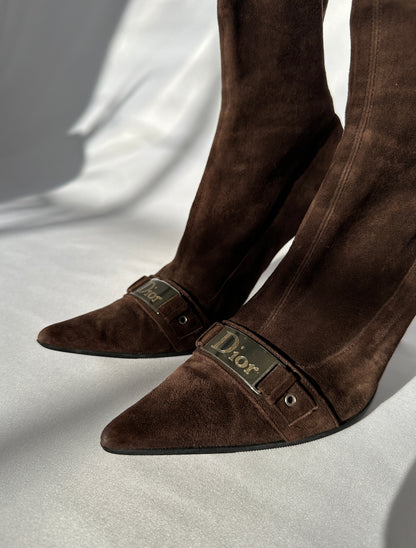 Christian Dior by Galliano 00's Chocolate Brown Suede Leather Pointy Boots.