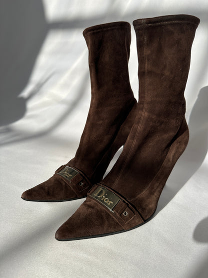 Christian Dior by Galliano 00's Chocolate Brown Suede Leather Pointy Boots.