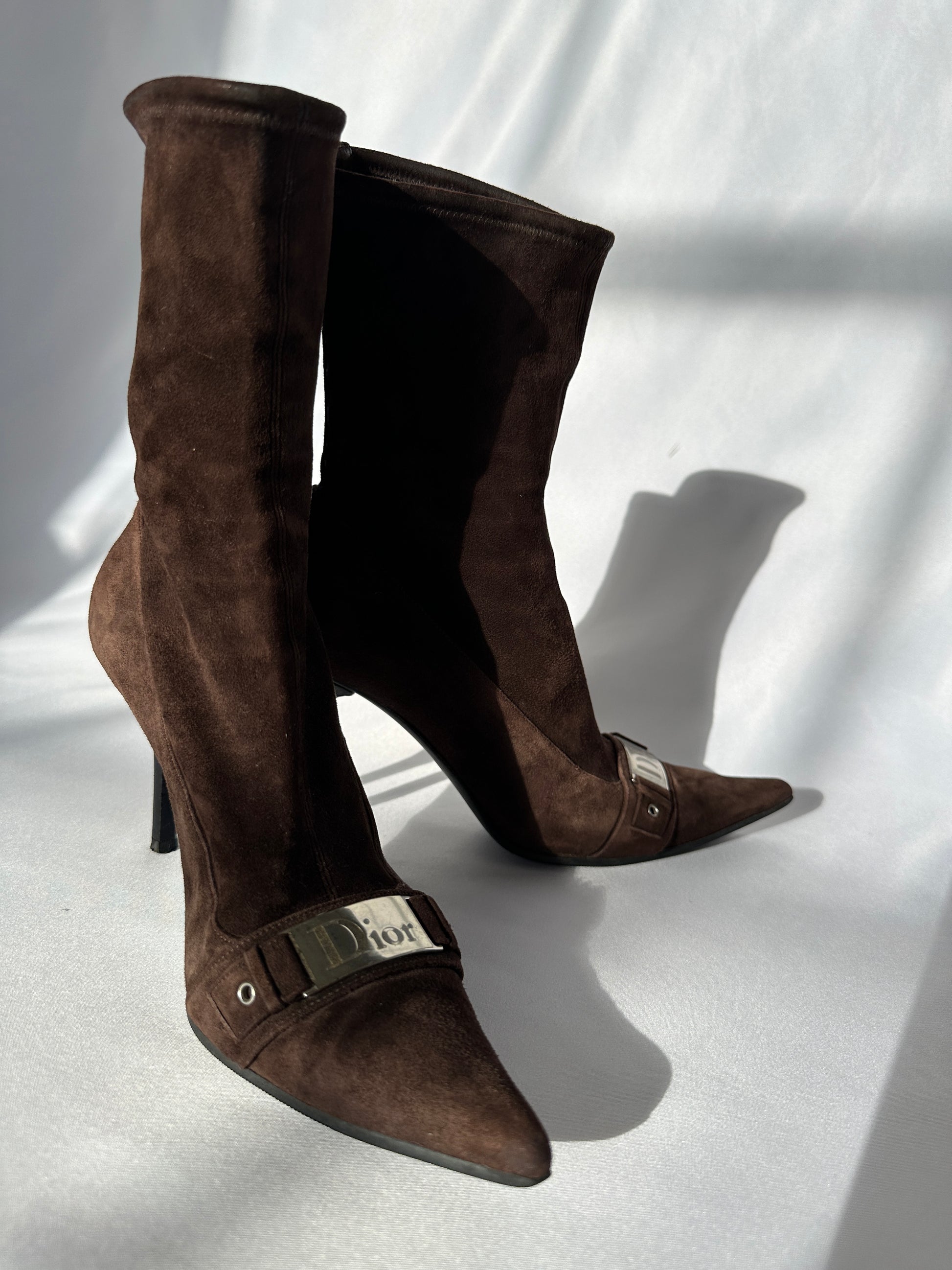 Christian Dior by Galliano 00's Chocolate Brown Suede Leather Pointy Boots.