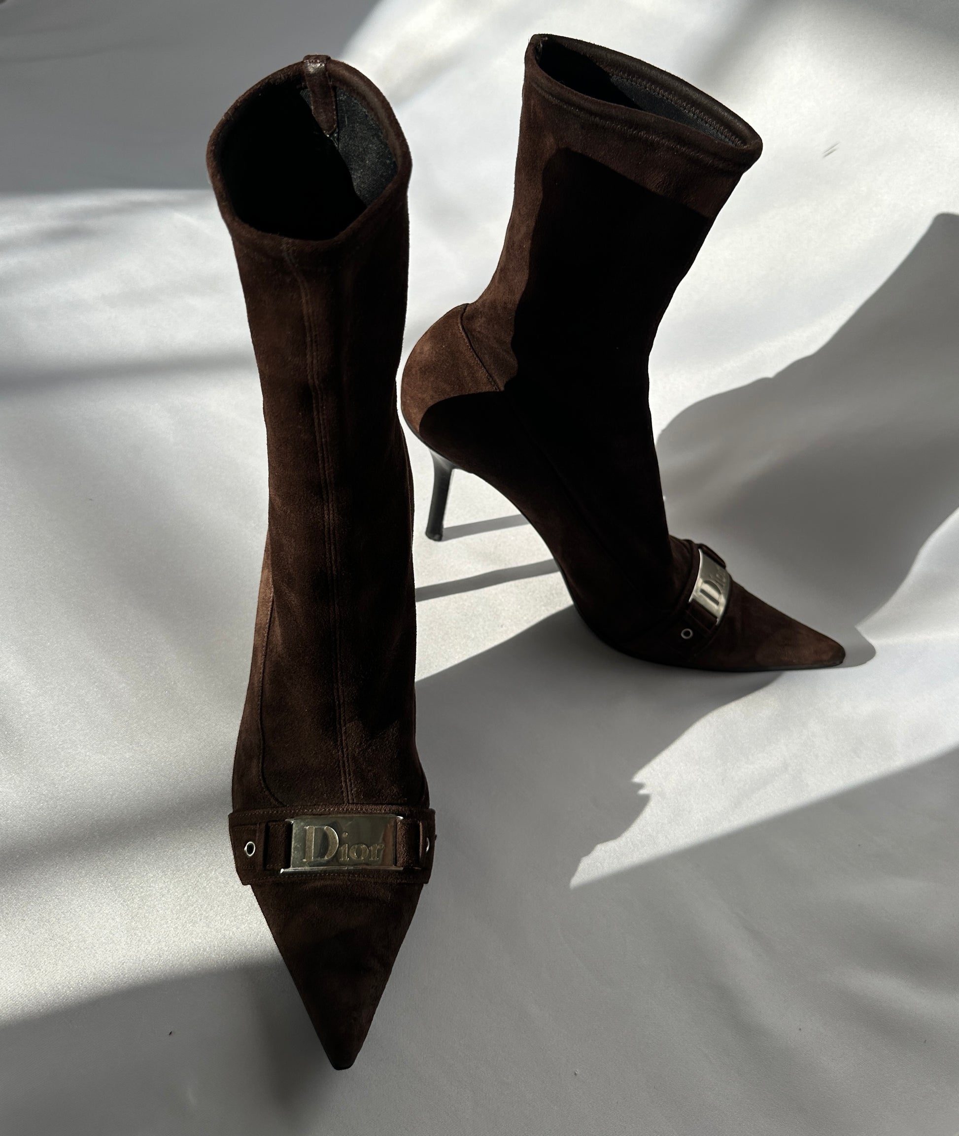 Christian Dior by Galliano 00's Chocolate Brown Suede Leather Pointy Boots.