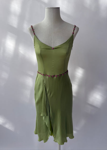 Blumarine Blugirl 2000s Vintage Green Floral Satin Slit Dress (S)