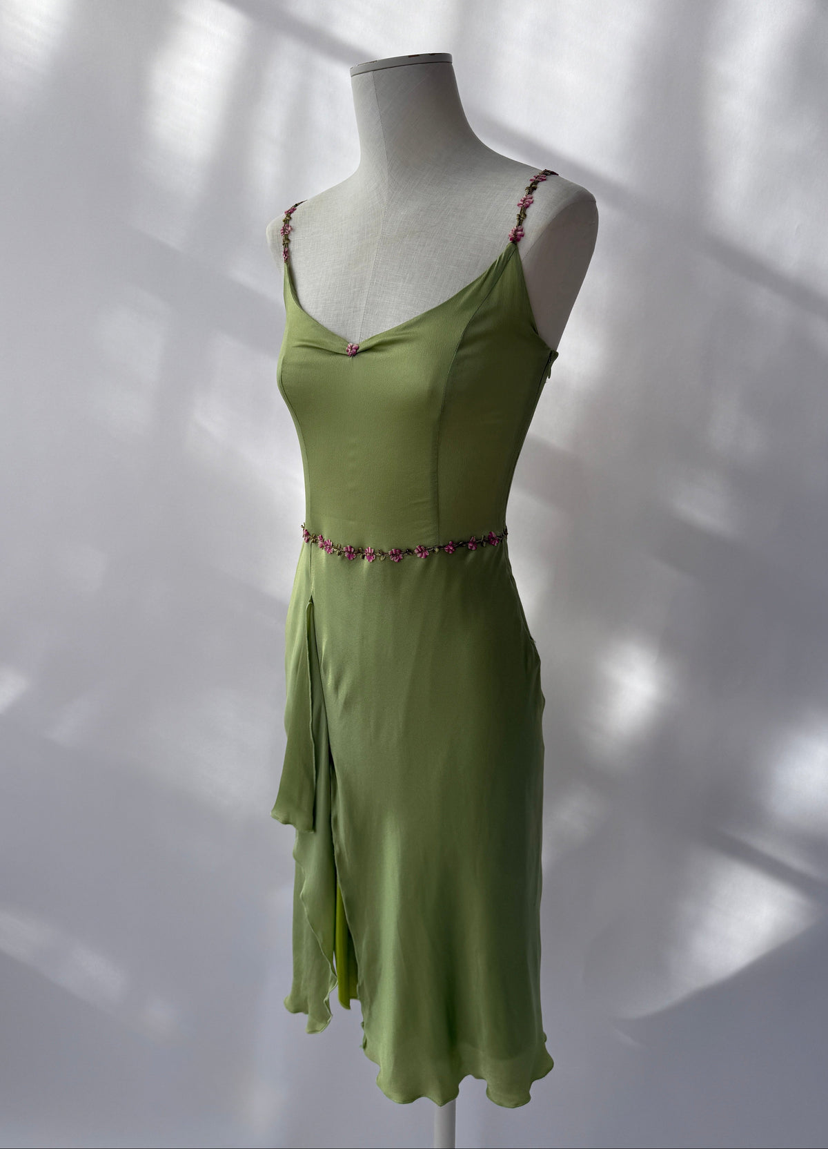 Blumarine Blugirl 2000s Vintage Green Floral Satin Slit Dress (S)