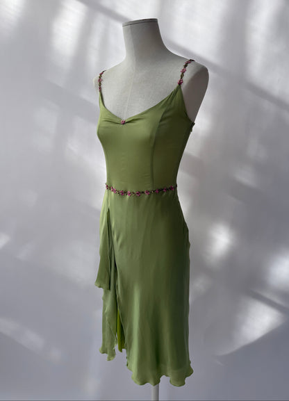 Blumarine Blugirl 2000s Vintage Green Floral Satin Slit Dress (S)