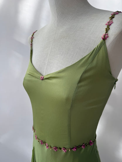 Blumarine Blugirl 2000s Vintage Green Floral Satin Slit Dress (S)