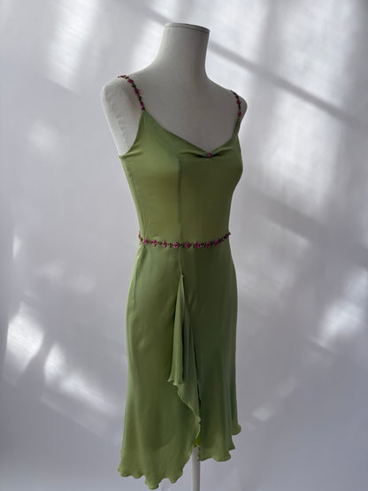 Blumarine Blugirl 2000s Vintage Green Floral Satin Slit Dress (S)