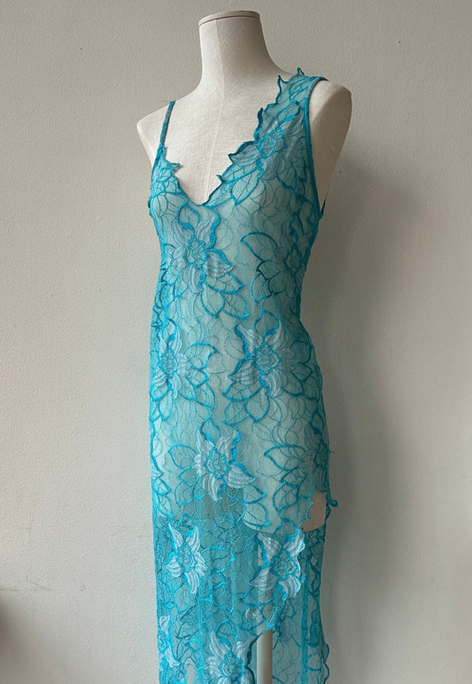 La Perla Marvel Aquamarine High Slit Asymmetrical Lace Dress (S/M)