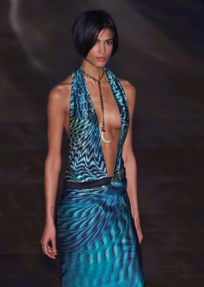 Roberto Cavalli S/S 2001 Psychedelic Swirl Print Silk Midi Dress on the runway.