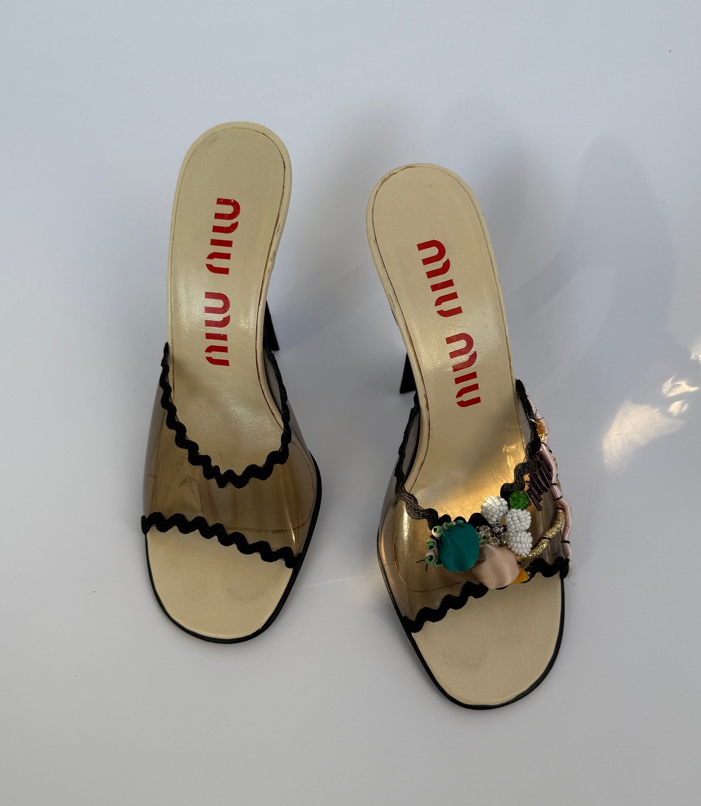 Miu Miu S/S 1998 Clear PVC Embroidered Black Squiggle Mules in size IT 36/US 6/UK 3.