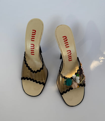 Miu Miu S/S 1998 Clear PVC Embroidered Black Squiggle Mules in size IT 36/US 6/UK 3.