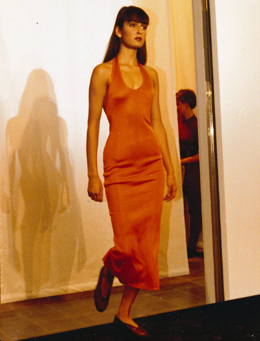 Azzedine Alaïa S/S 1986 Runway Blue Knit Halter Neck Bodycon Backless Dress in size M/L.