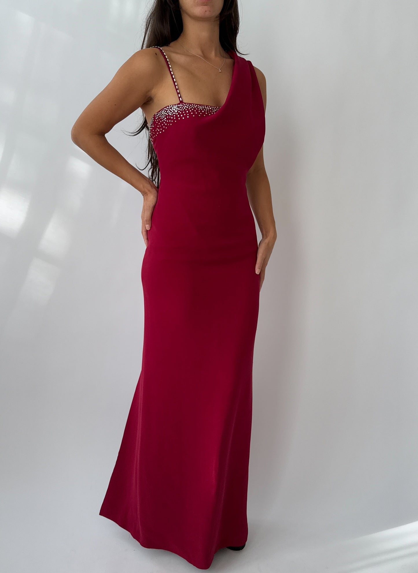 Full length front view of the Versace 1998 Red Rhinestone Embellished Gown viewed on a model.