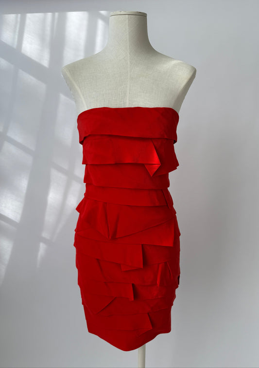 Front view of the Versace F/W 1987 Vintage Red Ruched Layered Dress on a mannequin.