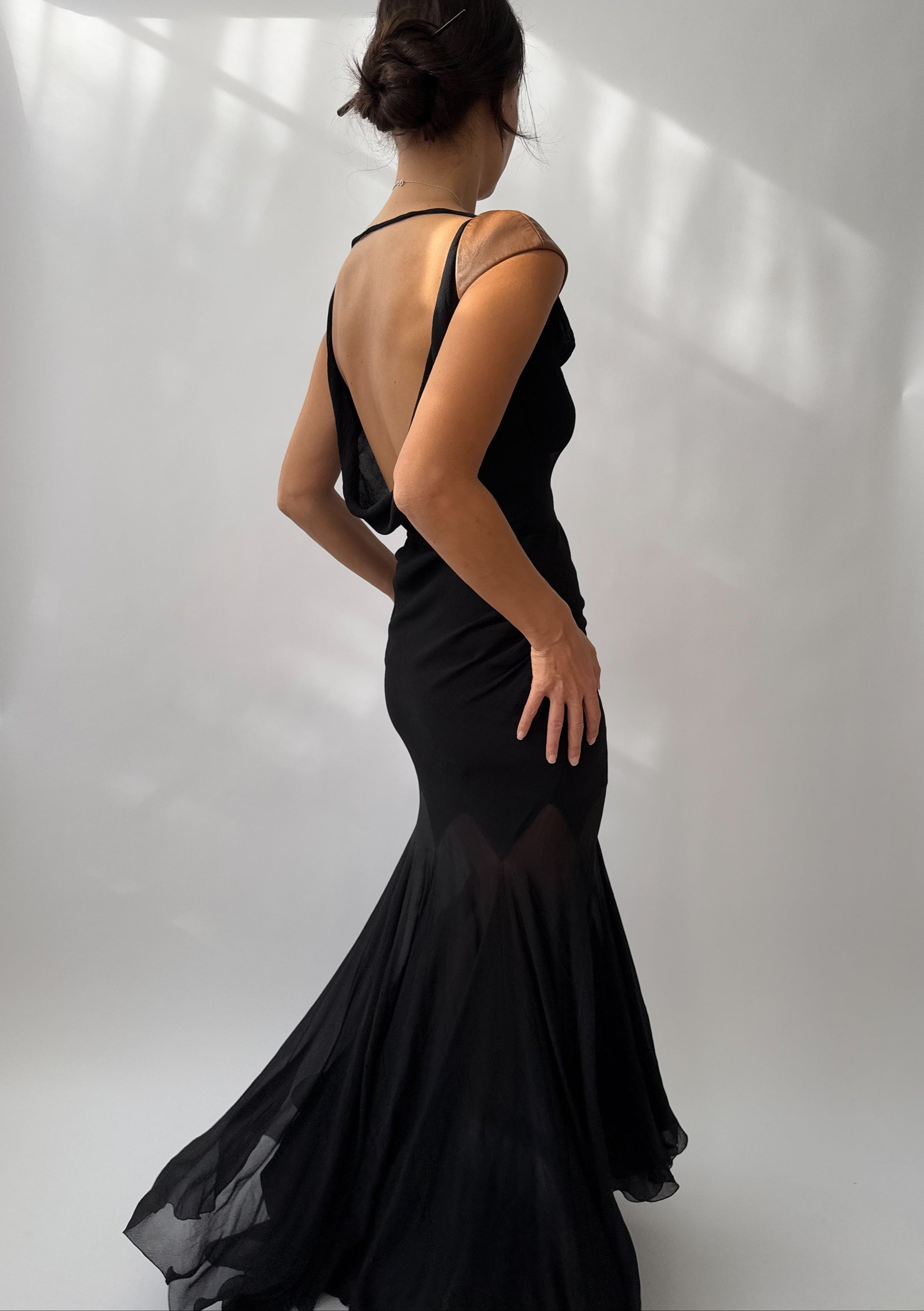 Versace Vintage Runway Black Silk and Leather Maxi Dress (S