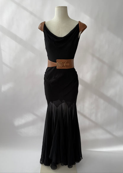 Versace F/W 2001 Vintage Runway Black Silk and Leather Open Back Dress (S)