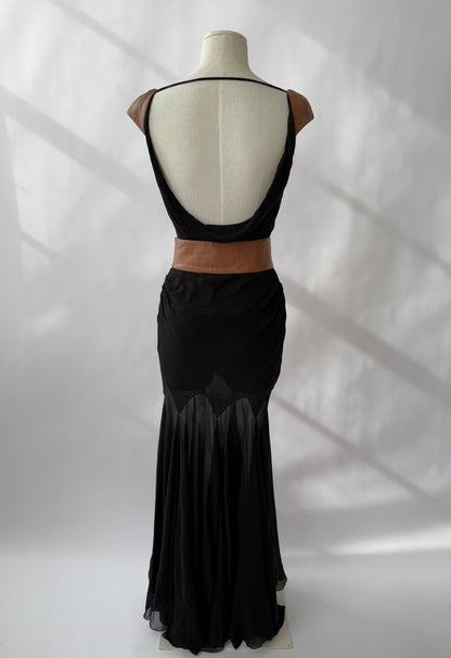 Versace F/W 2001 Vintage Runway Black Silk and Leather Open Back Dress (S)