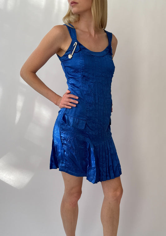 Versace S/S 1994 Runway Vintage Safety Pin Blue Silk Dress (XS)