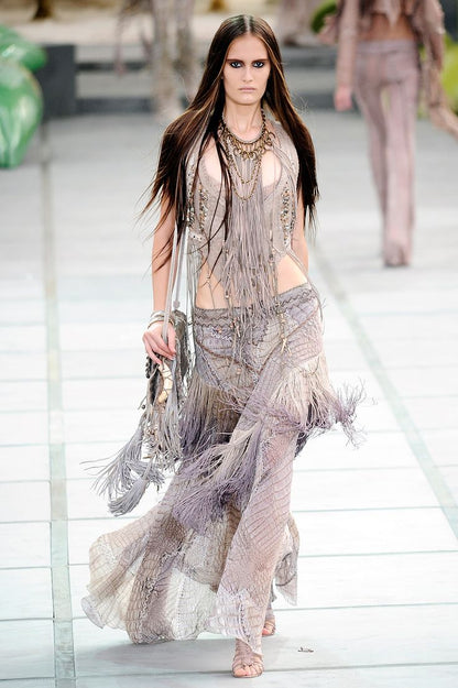 Roberto Cavalli S/S 2011 dress with Gold Detail shown on the runway in a different design.