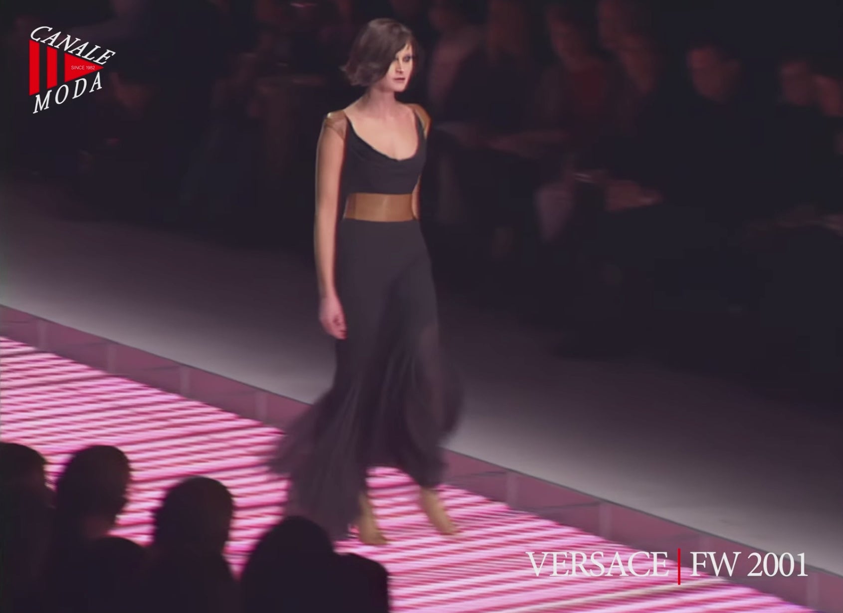Versace F/W 2001 Vintage Runway Black Silk and Leather Open Back Dress - Rixt Archives - Shalom Harlow on the runway