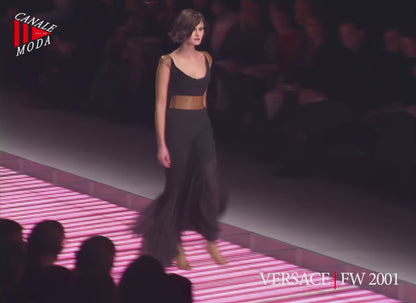 Versace F/W 2001 Vintage Runway Black Silk and Leather Open Back Dress - Rixt Archives - Shalom Harlow on the runway