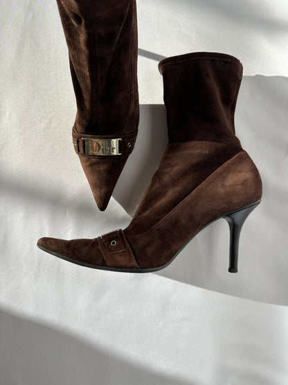 Christian Dior by Galliano 00's Chocolate Brown Suede Leather Pointy Boots.