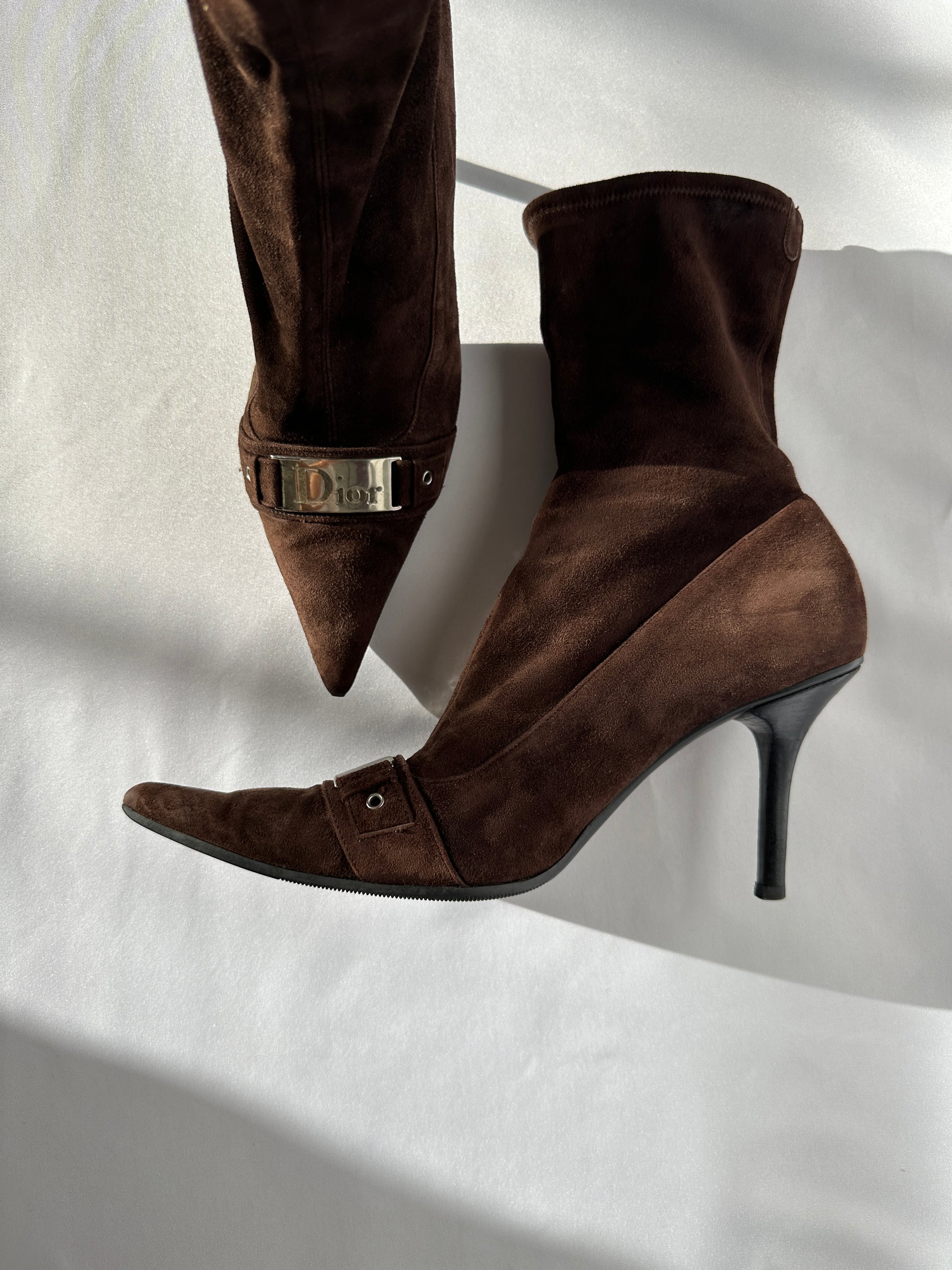 Christian Dior by Galliano 00's Chocolate Brown Suede Leather Pointy Boots.